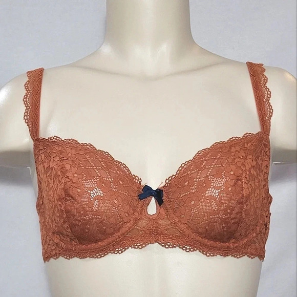 34D Gilligan O'Malley Unlined Semi Sheer Lace Balconette UW Bra Orange Penny NWT - Picture 1 of 11